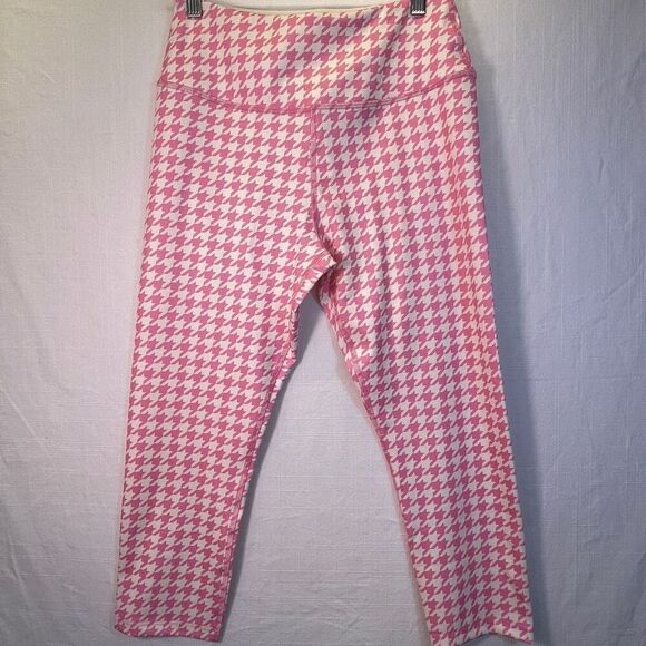Trophy Yoga Pink White Houndstooth High Waisted Cropped Leggings Size Large - Picture 1 of 6